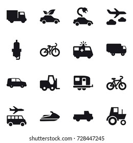 16 vector icon set : truck, eco car, electric car, journey, spark plug, bike, trailer, transfer, jet ski, pickup, tractor