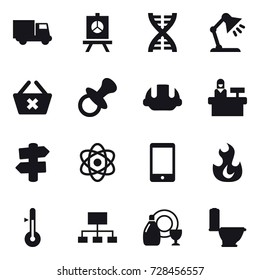 16 vector icon set : truck, presentation, dna, table lamp, delete cart, nipple, building helmet, reception, signpost, thermometer, hierarchy, dish cleanser, toilet