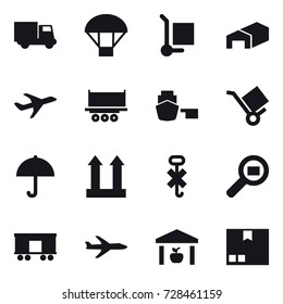 16 vector icon set : truck, parachute, cargo stoller, warehouse, plane, package