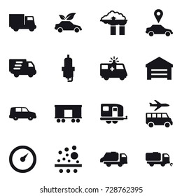 16 vector icon set : truck, eco car, factory filter, car pointer, delivery, spark plug, garage, trailer, transfer, barometer, trash truck, sweeper