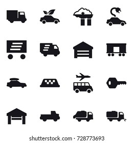 16 vector icon set : truck, eco car, factory filter, electric car, delivery, garage, car baggage, taxi, transfer, key, pickup, trash truck, sweeper
