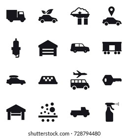 16 vector icon set : truck, eco car, factory filter, car pointer, spark plug, garage, car baggage, taxi, transfer, key, pickup, sprayer
