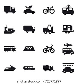 16 vector icon set : truck, eco car, bike, trailer, bus, taxi, transfer, jet ski, sweeper, car wash