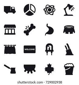 16 vector icon set : truck, diagram, atom, table lamp, market, stadium, curtain, welcome mat, knife holder, turk, udder, maple leaf, foam bucket