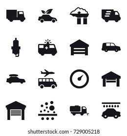 16 vector icon set : truck, eco car, factory filter, delivery, spark plug, garage, car baggage, transfer, barometer, sweeper, car wash