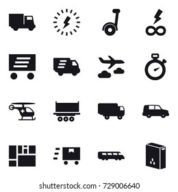 16 vector icon set : truck, lightning, segway, infinity power, delivery, journey, stopwatch