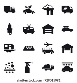 16 vector icon set : truck, eco car, factory filter, delivery, spark plug, garage, car baggage, trailer, taxi, transfer, sprayer, trash truck, car wash