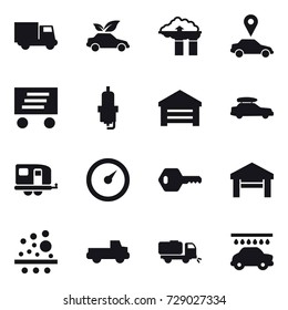 16 vector icon set : truck, eco car, factory filter, car pointer, delivery, spark plug, garage, car baggage, trailer, barometer, key, pickup, sweeper, car wash