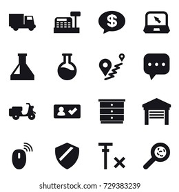 16 vector icon set : truck, cashbox, money message, notebook, check in, chest of drawers, garage, viruses