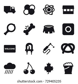 16 vector icon set : truck, atom core, atom, market, magnifier, stadium, ring button, welcome mat, rain cloud, cherry, maple leaf, foam bucket