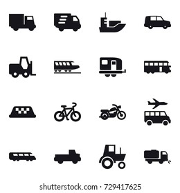 16 vector icon set : truck, delivery, train, trailer, bus, taxi, bike, motorcycle, transfer, pickup, tractor, sweeper