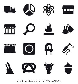 16 vector icon set : truck, diagram, atom, market, magnifier, flippers, curtain, ring button, knife holder, cow, acorn