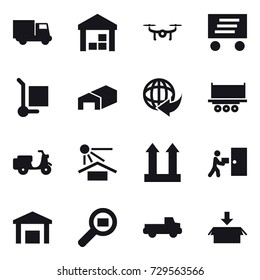 16 vector icon set : truck, warehouse, drone, delivery, cargo stoller, pickup, package