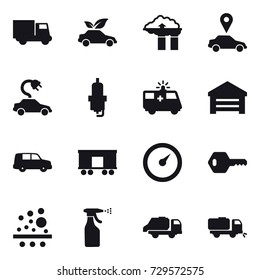 16 vector icon set : truck, eco car, factory filter, car pointer, electric car, spark plug, garage, barometer, key, sprayer, trash truck, sweeper