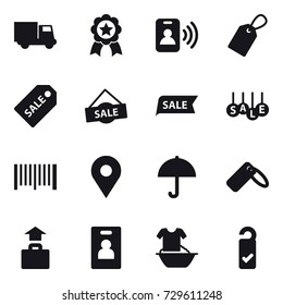 16 vector icon set : truck, medal, pass card, label, sale label, sale, barcode, baggage, identity card, handle washing, please clean