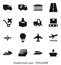 16 vector icon set : truck, delivery, airport building, plane, air ballon, airplane, departure, jet ski, cruise ship, yacht, package