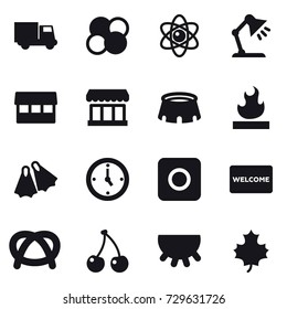 16 vector icon set : truck, atom core, atom, table lamp, market, stadium, flippers, watch, ring button, welcome mat, cherry, udder, maple leaf