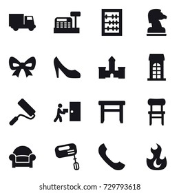 16 vector icon set : truck, cashbox, abacus, chess horse, bow, shoes, castle, building, repair, stool, chair, armchair, mixer