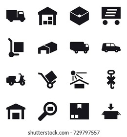 16 vector icon set : truck, warehouse, box, delivery, cargo stoller, package