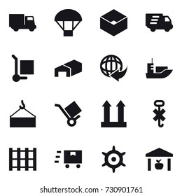 16 vector icon set : truck, parachute, box, delivery, cargo stoller, warehouse, handwheel
