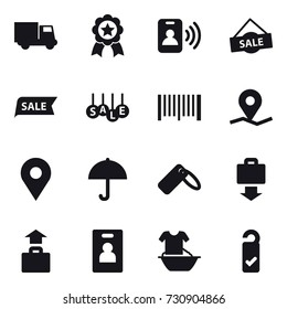 16 vector icon set : truck, medal, pass card, sale, barcode, baggage get, baggage, identity card, handle washing, please clean