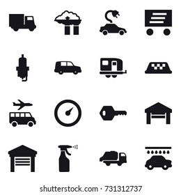 16 vector icon set : truck, factory filter, electric car, delivery, spark plug, trailer, taxi, transfer, barometer, key, garage, sprayer, trash truck, car wash