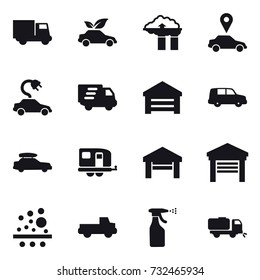 16 vector icon set : truck, eco car, factory filter, car pointer, electric car, delivery, garage, car baggage, trailer, pickup, sprayer, sweeper