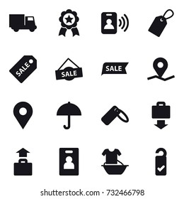 16 vector icon set : truck, medal, pass card, label, sale label, sale, baggage get, baggage, identity card, handle washing, please clean