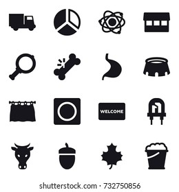 16 vector icon set : truck, diagram, atom, market, magnifier, stadium, curtain, ring button, welcome mat, cow, acorn, maple leaf, foam bucket