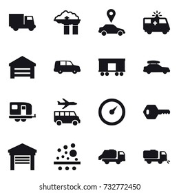 16 vector icon set : truck, factory filter, car pointer, garage, car baggage, trailer, transfer, barometer, key, trash truck, sweeper