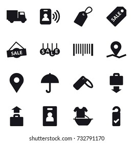 16 vector icon set : truck, pass card, label, sale label, sale, barcode, baggage get, baggage, identity card, handle washing, please clean