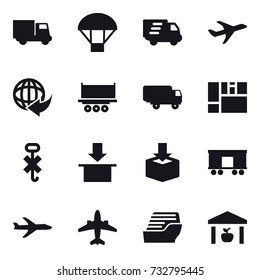 16 vector icon set : truck, parachute, delivery, plane, airplane, cruise ship, warehouse