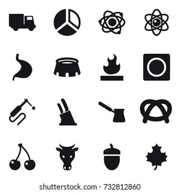 16 vector icon set : truck, diagram, atom, stadium, ring button, knife holder, turk, cherry, cow, acorn, maple leaf