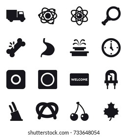 16 vector icon set : truck, atom, magnifier, fountain, watch, ring button, welcome mat, knife holder, cherry, maple leaf
