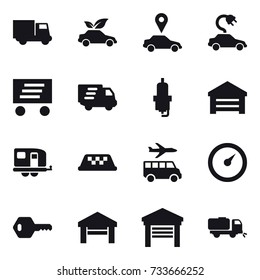 16 vector icon set : truck, eco car, car pointer, electric car, delivery, spark plug, garage, trailer, taxi, transfer, barometer, key, sweeper