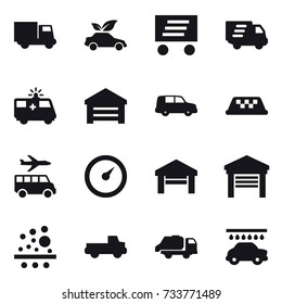 16 vector icon set : truck, eco car, delivery, garage, taxi, transfer, barometer, pickup, trash truck, car wash
