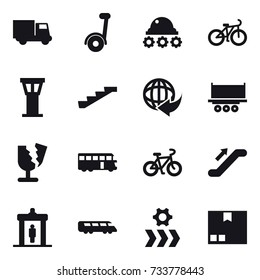 16 vector icon set : truck, lunar rover, bike, airport tower, stairs, bus, escalator, detector, package