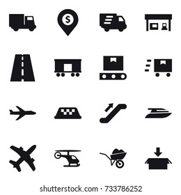 16 vector icon set : truck, dollar pin, delivery, gas station, plane, taxi, escalator, yacht, wheelbarrow, package