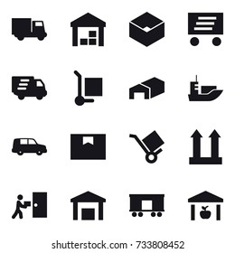 16 vector icon set : truck, warehouse, box, delivery, cargo stoller