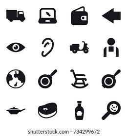 16 vector icon set : truck, notebook, wallet, left arrow, earth, pan, rocking chair, viruses