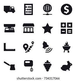 16 vector icon set : truck, abacus, globe connect, dollar coin, market scales, market, star, calculator, ruler, bell, bbq, turk, grape, rabbit