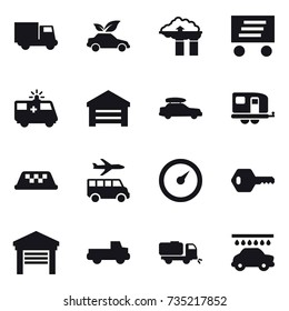 16 vector icon set : truck, eco car, factory filter, delivery, garage, car baggage, trailer, taxi, transfer, barometer, key, pickup, sweeper, car wash
