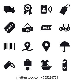 16 vector icon set : truck, medal, pass card, label, sale label, sale, barcode, baggage get, handle washing, please clean