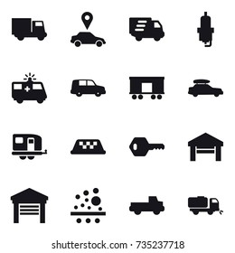 16 vector icon set : truck, car pointer, delivery, spark plug, car baggage, trailer, taxi, key, garage, pickup, sweeper