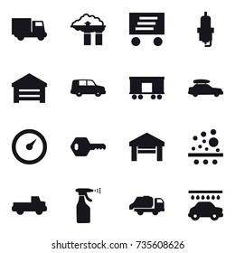 16 vector icon set : truck, factory filter, delivery, spark plug, garage, car baggage, barometer, key, pickup, sprayer, trash truck, car wash