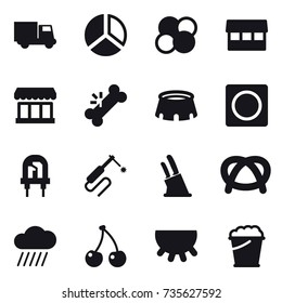 16 vector icon set : truck, diagram, atom core, market, stadium, ring button, knife holder, rain cloud, cherry, udder, foam bucket