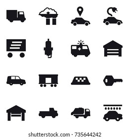 16 vector icon set : truck, factory filter, car pointer, electric car, delivery, spark plug, garage, taxi, key, pickup, trash truck, car wash