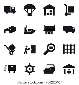 16 vector icon set : truck, parachute, warehouse, cargo stoller, handwheel, cruise ship