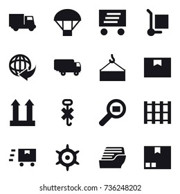 16 vector icon set : truck, parachute, delivery, cargo stoller, handwheel, cruise ship, package