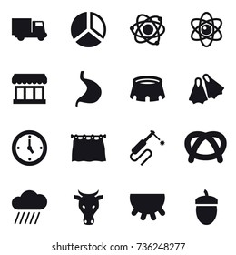 16 vector icon set : truck, diagram, atom, market, stadium, flippers, watch, curtain, rain cloud, cow, udder, acorn